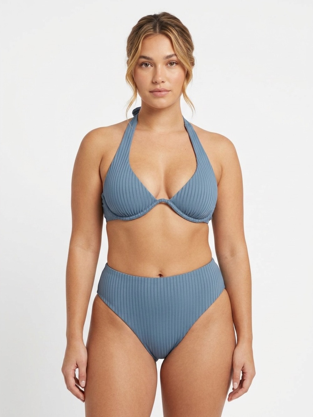 NWT L*SPACE Ribbed High-Waist Bikini Set Slate Blue Underwired Halter Bra Sz S